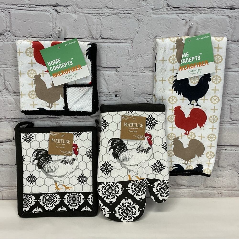 Kitchen Linen 4 Pc. Set Chicken Red/Black Mitt/Pot Holder/Dish Towel/Dish Cloths